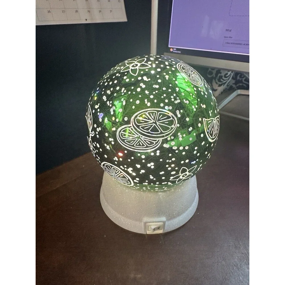 Cracker Barrel Acrylic Green Lemons Foiled Glitter Globe in Box tested and works